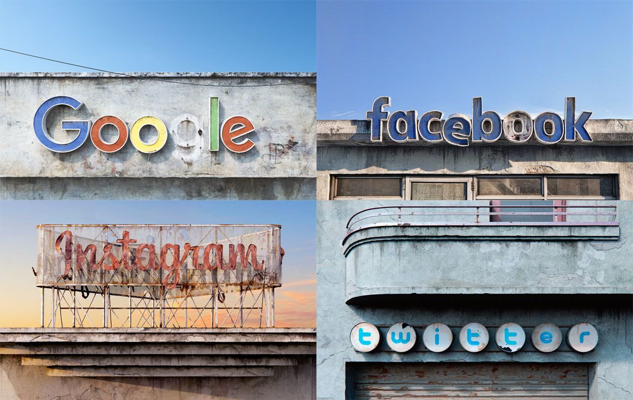 Collection of decaying signage representing large social media companies.